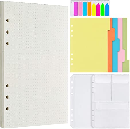 Dotted Refill Paper, 200 Ivory Pages, 5 Colored Binder Dividers, 160 PCS Sticky Index Tabs with Ruler, 2 PCS Binder Pockets for A5 Refillable Dotted Journal Bullet Notebook Planner Organizer