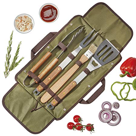 Clifford James Barbecue Tool Set Cooking Grilling Utensils Stainless Steel and Solid Wood with Carry Bag 5 Pieces