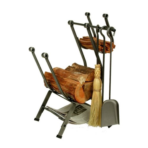 Enclume Front Loading Log Rack with Fireplace Tools, Hammered Steel