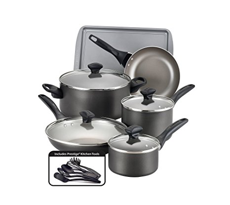 Farberware Dishwasher Safe Nonstick Aluminum 15-Piece Cookware Set, Pewter