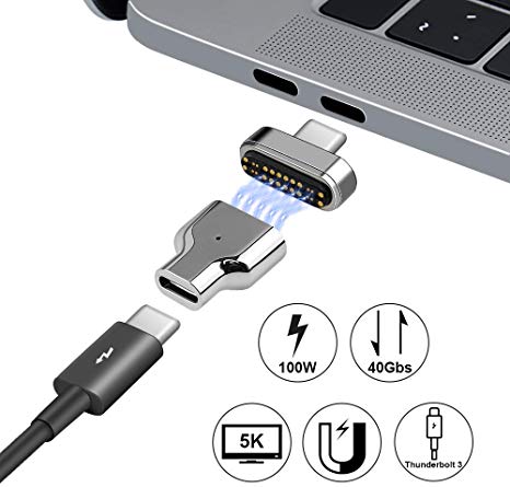 Thunderbolt 3 Adapter, magnetic Type C Connector for MagSafe Support up to 100W 40GB/S PD Data Transfer 5K@60Hz Video Output for MacBook Pro/Air iPad Pro Chromebook Dell XPS Any Type c Laptop (Silver)
