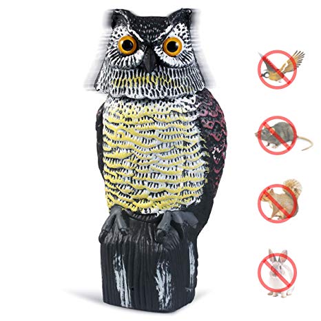 CampFENSE Owl Decoy with Rotating Head, Garden Protector Sculpture for Birds, Mice, Squirrels, Rabbits (Black-New)