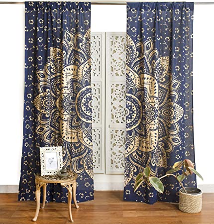 Popular Handicrafts Indian Hippie Bohemian Beautiful Ombre Color Mandala Curtain Panels Blue Gold