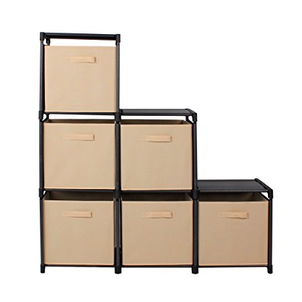 mockins 3 Tier Storage Rack Bookcase Shelf Bundle With 6 Foldable Cube Storage Bins That Perfectly Fit Into The 6 Cube Closet Organizer Cabinet - Beige Bins