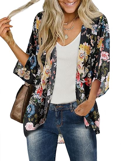 BB&KK Women's Floral Kimono Cardigans Chiffon Casual Loose Open Front Cover Ups Tops