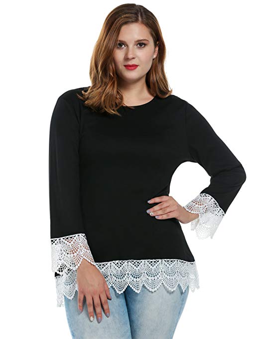 Meaneor Women's Plus Size Long Sleeve Tunic Top Jumper Sweater with Lace