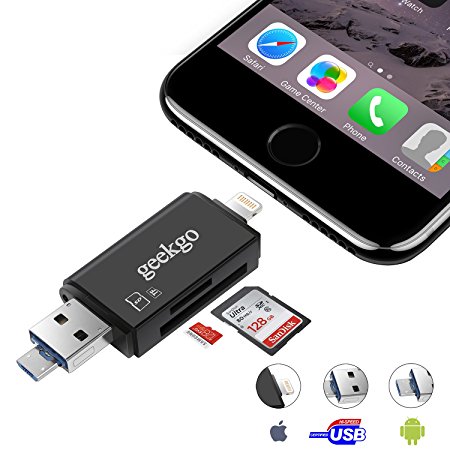 SD Card Reader,Micro SD/Memory/TF Card Adapter,Lightning Micro USB OTG Connector,Camera Card Viewer,Geekgo 3 in 1 External Storage Memory Compatible with iPhone/Android Phones/iPad/Mac/PC/Tablet