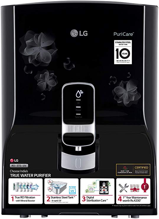 LG Puricare WW150NP RO   UV Water Purifier RO Multi-Stage Filtration with 8 LTR. Dual Protection Stainless Steel Tank (Black with Floral Pattern)