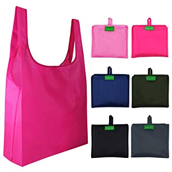 6 Pcs Reusable Grocery Bags, 50LBS Heavy Duty Shopping Merchandise Bags with Foldable into Attached Pouch Design, Ripstop Polyester Grocery Tote (Moss, Pink, Rose, Black, Gray, Navy Blue)