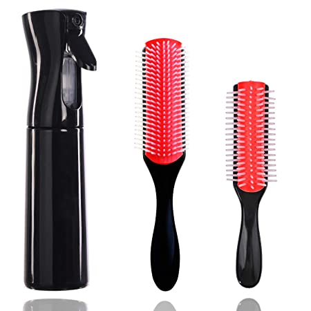 Hair Spray Bottle Set with 2 Pcs 9-Row Cushion Nylon Bristle Brush  5-Row Brush Removable Hair Brush, Continuous Spray Bottle Sprayer, Fine Mist Spray Bottle,for Hairstyling(300ML&10 Ounce, Black)