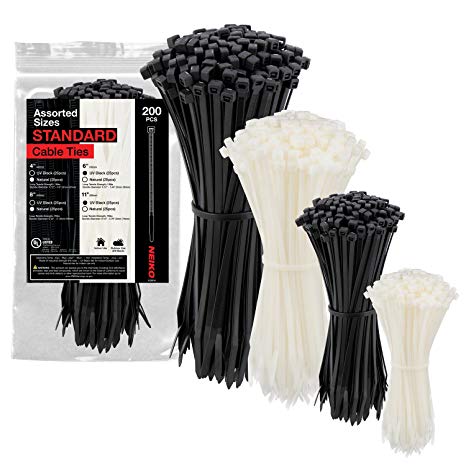 Neiko 51261A UV Black and Natural White Cable Zip Ties, 200-Piece Assortment | 4, 6, 8, 11-Inch Set | 18 and 75-lbs Tensile Strength