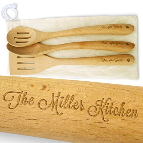 Cookbook People Personalized 14in Large Sturdy Wood Spatula and Spoon Set - Add your name to handles - Cotton Gift Bag - Beech Hard Wood - Heirloom Quality