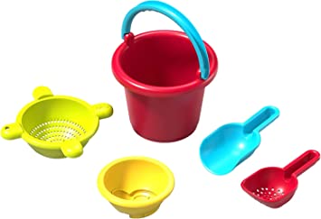 HABA Sand Toys Basic Set - 5 Piece Bundle with Plastic Pail, Sieve, Mold, Scoop and Sifting Shovel Sized just for Toddlers Ages 18 Months