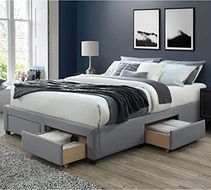 DG Casa Cosmo Upholstered Platform Bed Frame Base with Storage Drawers, Queen Size in Grey Linen Style Fabric