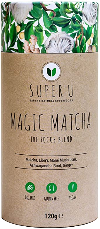 Super U Magic Matcha, 60 Servings - Organic Ceremonial Grade Matcha Grean Tea Powder with Lions Mane Mushroom and Ginger