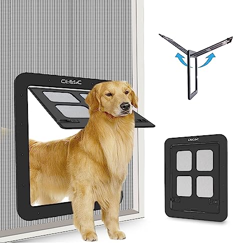 CEESC Dog Screen Door (Outer Size 14.56" x 16.92"), Lockable Pet Screen Door for Dogs & Doggie, Doggie Door for Screen Door(Large, Black)