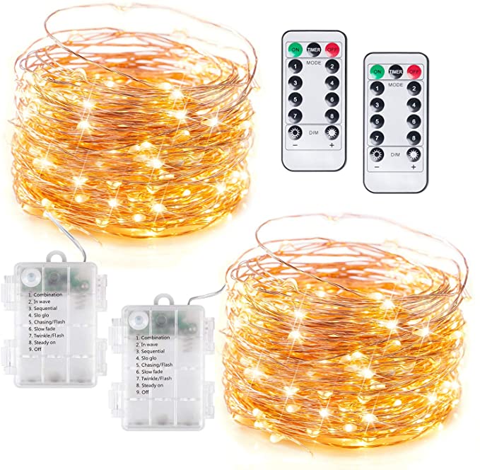 Fairy Lights, 2 Pack 20Ft 60 LEDs String Lights Battery Operated with Remote Controller Set Timer & 8 Lighting Modes Waterproof Copper Mini Led Lights for BedroomIndoor Outdoor Party Decor, Warm White