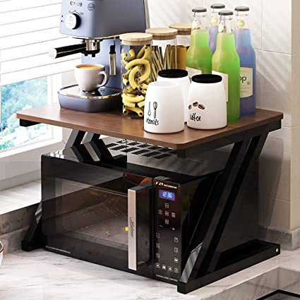Everline 22700 Z Series (2-Layer) Microwave Stand, Kitchen Platform Oven Stand Rack, Toaster Organizer with Storage Shelf Metal and Wood (Walnut Brown)
