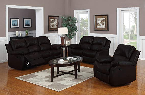 Divano Roma Furniture Traditional Classic Reclining Sofa Set - Real Grain Leather - (Double Recliner, Loveseat, Single Chair)