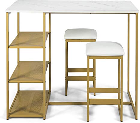 COSTWAY 3-Piece Dining Set, Compact 2 Chairs and Table Set, Kitchen Set with Rectangular Faux Marble, 3 Metal Storage Shelves, Fashionable Simple Style, Kitchen Counter Height Table Set (Gold)