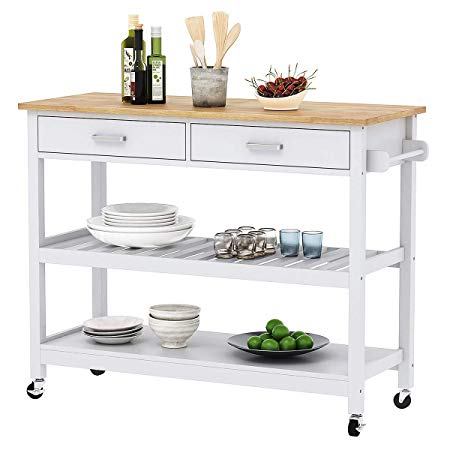 Clevr Rolling Bamboo Kitchen Storage Cart Rack with Drawer & Shelves Home Furntirure (Two Drawer-White)