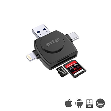 Geekgo SD Card Reader,Memory Micro SD USB C Card Reader for iPhone iPad Android Apple Mac,Compatiable with Lightning Micro USB Type C 4 in 1 (Black)
