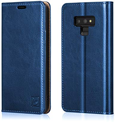 Belemay Samsung Galaxy Note 9 Wallet Case, Genuine Cowhide Leather Flip Case, Folio Book Cover, Card Holder Slots, Cash Pockets, Kickstand Compatible Samsung Galaxy Note 9, Blue