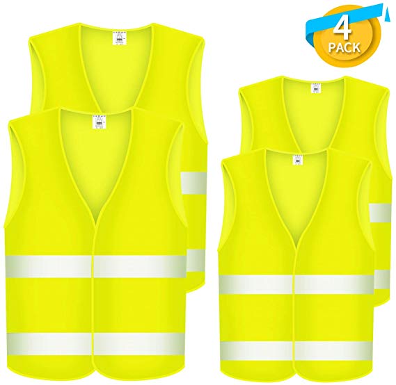 Fesoar High Visibility Vest, Reflective Safety Vest, Breakdown Aid, Ensuring the Safety of Drivers and Workers with High Risk, Washable, Polyester, Neon Yellow, Pack of 4 (121cm, 139cm)