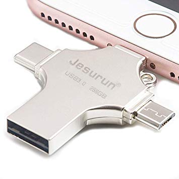 USB Flash Drive 256GB USB3.0 Memory Stick Photo Stick Jesurun 4 in 1 External Flash Drive Compatible iPhone iPad MacBook Tablet USB C Android Samsung PC (256G Capacity)