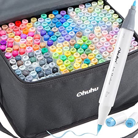 Ohuhu Alcohol Based Brush Markers: Double Tipped Art Marker Set for Artists Adults Coloring Drawing Sketch Illustration - Brush Fine Dual Tip - 216 Colors - 1 Blender - 1 Marker Case - Honolulu