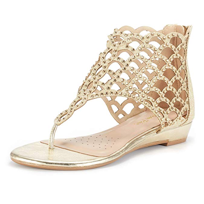 DREAM PAIRS Women's Jewel Rhinestones Design Ankle High Flat Sandals