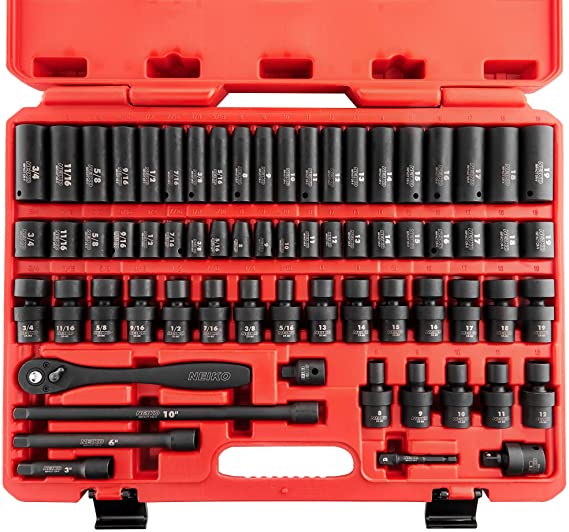 Neiko 02471A 3/8” Standard and Deep Drive Impact Socket Set 67 pcs | SAE 5/16” to 3/4” | Metric 8mm to 19mm | Swivel Sockets | Cr-V & Cr-Mo Steel | Quick Release Ratchet | Extension Bars and Adapters
