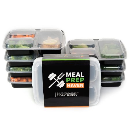 Meal Prep Haven 3 Compartment Stackable Food Containers with Lids, Bento Box / Lunch Containers, Reusable, Set of 7