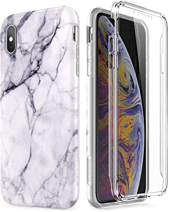 SURITCH Case for iPhone Xs Max, [Built-in Screen Protector] Natural Marble Full-Body Protection Shockproof Rugged Bumper Protective Cover Compatible with Apple Xs Max 6.5 Inch (Black Marble)
