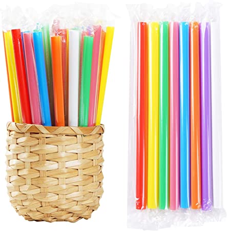 CVNDKN 200 PCS Individually Packaged Colorful Jumbo Smoothie Straws, Large Wide Milkshake Disposable Plastic Drinking Straw (0.43" Diameter and 8.2" long) (200)