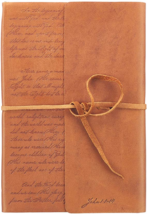 Brown Classic Full Grain Leather Writing Journal/Notebook | The Beginning John 1:1-14 | Wrap Closure Notebook, 400 Lined Pages w/Inspirational Scripture, 6 x 8.5 Inches