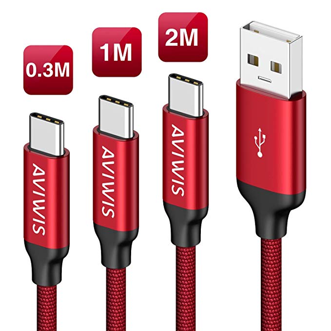 USB C Cable, [3Pack 0.3m 1m 2m] Nylon Braided USB Type C Fast Charger Charging Cable for Samsung Galaxy S10 S9 S8 A3 A5 Note 8 9, Huawei P20/Mate20, Moto G7, OnePlus 6T, Sony XZ (Red)