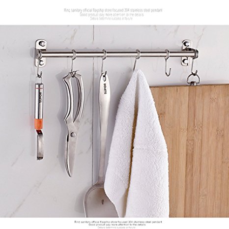 Wall Mount Hanging Kitchen Rack , Stainless Steel Pot Storage Holder Hanger , 16 Inch Utensil Shelf Pan Cabinet Rail Organizer With Removable S 6 Hooks , For Coat , Spoon , Towels , Bar , Kitchen Tool