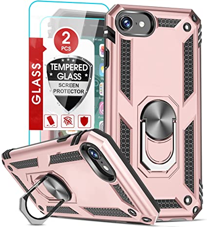 LeYi Compatible for iPhone SE Case 2020 for Women Girls, with [2Pack] Tempered Glass Screen Protector, [Military-Grade] Phone Case with Kickstand for iPhone SE 2nd Generation (2020), Rose Gold