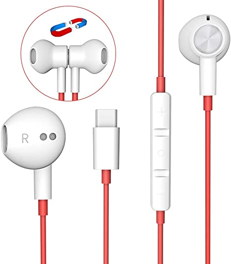 USB C Headphones, In-Ear Earphones HiFi Stereo Magnetic USB Type C Wired Earbuds with Mic & Volume Control compatible with Google Pixel 2/3/4/XL, Huawei P30 P20/Mate 20 30, Samsung note 10, iPad Pro