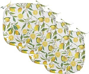 Ambesonne Nature Chair Seating Cushion Set of 4, Exotic Lemon Tree Branches Yummy Delicious Kitchen Gardening Design, Anti-Slip Seat Padding for Kitchen & Patio, 16"x16", Green Yellow White