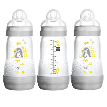 MAM Baby Bottles for Breastfed Babies, MAM Bottles Anti Colic, Gray, "Time for Love" Designs, 9 Ounces, 3-Count