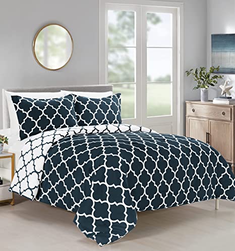 Elegant Comfort All Season Comforter and Year Round Medium Weight Super Soft Quatrefoil Pattern Down Alternative Reversible 3-Piece Comforter Set, Full/Queen, Navy/White