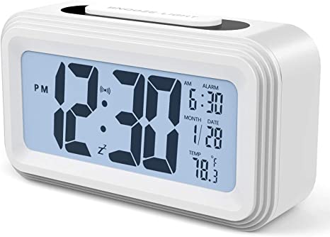 Battery Operated Cordless Digital Alarm Clock with Date,Temperature,Smart Sensor Light,12/24Hr,Snooze for Bedrooms,Office,Heavy Sleepers,Kids 5.31 x 2.95 x 1.77 inches(White)