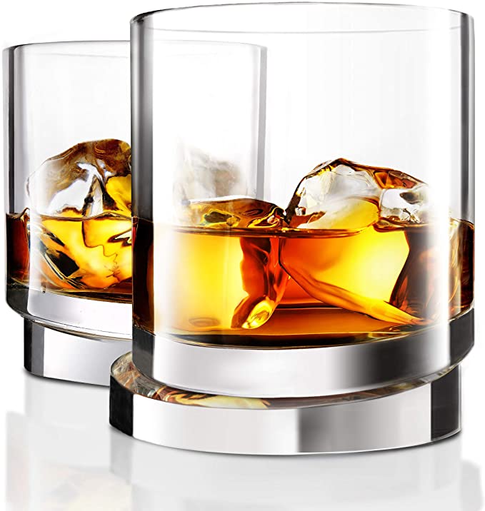 JoyJolt Aqua Vitae Whiskey Glass Set of 2. Round Whiskey Glasses with Off Set Base. Old Fashioned Rocks Glasses for Scotch and Bourbon. Unique Whiskey Tumbler Gifts for Men