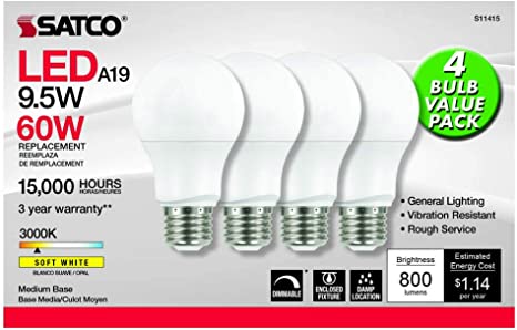 4Pk - Satco 9.5w 120v A19 LED E26 Medium Base 800 Lumens 3000k