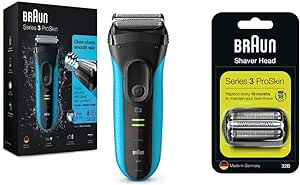 Braun Series 3 ProSkin 3040s Rasoir Électrique Homme Barbe Wet & Dry; Bleu & Pièce De Rechange 32B Noire Pour Rasoir - Compatible avec les rasoirs Series 3