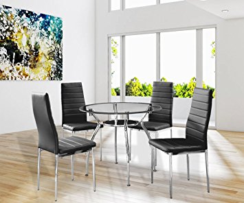 5 Piece Dining Table Set Round 36" Kitchen Table and Chair with Glass Top and 4 Chairs Meeting room Gaming Room Black