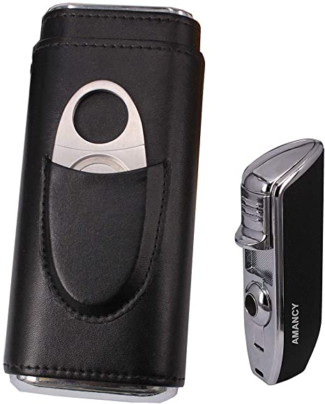 AMANCY Classic Black Leather Cigar Case Set Contained Specialized Cigar Lighter and Cutter Perfect Cigar Accessory Gift Set