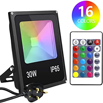 COOLWEST RGB LED Floodlight Outdoor, 30W Colour Changing Flood Lights with Remote, IP65 Waterproof Dimmable RGB 16 Colours, Warm White and RGB Adjustable, UK 3-Plug